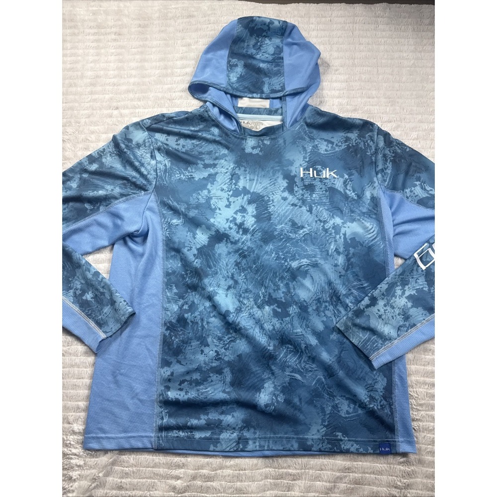 Huk Hoodie Mens Large Blue Camo Thin Pullover Long Sleeve Performance Tech